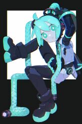 Rule 34 | 1girl, ahoge, android, aqua eyes, aqua hair, aqua necktie, bare shoulders, black background, black border, black sleeves, border, bright pupils, cable hair, character name, cheri zao, cramped, detached sleeves, from side, full body, hatsune miku, highres, jitome, joints, legs apart, long hair, looking at viewer, mechanical parts, miniskirt, necktie, no nose, number tattoo, outside border, robot girl, robot joints, see-through, see-through skirt, see-through sleeves, shirt, simple background, skirt, sleeveless, sleeveless shirt, solo, tareme, tattoo, very long hair, vocaloid, white background, white pupils