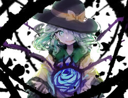 Rule 34 | 1girl, black hat, blue flower, blue rose, bow, buttons, collar, commentary, danmaku, diamond button, falling petals, fighting stance, flower, frilled collar, frilled sleeves, frills, green collar, green eyes, hat, hat bow, highres, komeiji koishi, long sleeves, looking at viewer, medium hair, open hands, open mouth, outstretched arms, petals, rose, simple background, sketch, smile, solo, thorns, touhou, tsukikusa, upper body, wavy hair, white background, wide sleeves, yellow bow