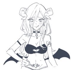 Rule 34 | 1girl, armlet, blush, breasts, choker, cleavage, collarbone, commentary request, demon girl, demon horns, demon wings, earrings, hair between eyes, heart, heart earrings, highres, horns, jewelry, kashikaze, licking lips, looking at viewer, medium breasts, original, pubic tattoo, simple background, sketch, solo, stomach, sweatdrop, tattoo, tongue, tongue out, white background, wings