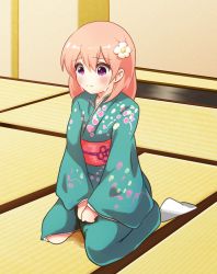 Rule 34 | 1girl, aqua kimono, blush, closed mouth, crying, embarrassed, female focus, floral print, flower, full body, hair between eyes, hair flower, hair ornament, highres, indoors, japanese clothes, kimono, long sleeves, moettotsushinsha, obi, original, own hands together, peeing, peeing self, pink hair, purple eyes, sash, sitting, socks, solo, tears, v arms, wet, wet clothes, white flower, white socks