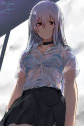 Rule 34 | 1girl, artist name, black neckwear, black skirt, blue bra, blush, bra, breasts, buttons, character request, choker, closed mouth, cloud, cloudy sky, collared shirt, copyright request, cowboy shot, day, dress shirt, expressionless, hair between eyes, isshiki (ffmania7), long hair, looking at viewer, looking down, medium breasts, medium skirt, mole, mole under mouth, outdoors, rain, red eyes, school uniform, see-through, shirt, short sleeves, silver hair, sketch, skirt, sky, small breasts, solo, standing, straight hair, twitter username, underwear, very long hair, wet, wet clothes, wet shirt, wing collar