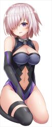 Rule 34 | 1girl, bad id, bad pixiv id, between legs, black gloves, black leotard, black thighhighs, blush, breasts, cleavage, clothing cutout, commentary request, elbow gloves, fate/grand order, fate (series), gloves, hair over one eye, hand between legs, highres, large breasts, leotard, light purple hair, looking at viewer, mash kyrielight, navel, navel cutout, parted lips, purple eyes, revision, seiza, shimo (shimo 00), short hair, simple background, single thighhigh, sitting, smile, solo, thigh strap, thighhighs, thighs, white background