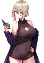 Rule 34 | 1girl, bad id, bad pixiv id, bare shoulders, book, breasts, cleavage, cleavage cutout, clothing cutout, commentary request, earrings, glasses, hair between eyes, hair bun, hair ornament, holding, holding book, jacket, jewelry, large breasts, looking at viewer, off-shoulder jacket, off shoulder, original, purple jacket, simple background, single hair bun, sleeveless, sleeveless sweater, solo, sweater, tattsun (tymn3385), white background, yellow eyes