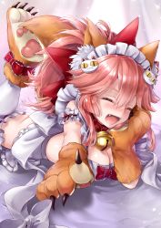 Rule 34 | 1girl, animal ears, animal hands, bell, blush, bonnet, bow, breasts, cat, cat day, cat hair ornament, cat paws, claws, cleavage, closed eyes, collar, commentary request, dress, fangs, fate/grand order, fate (series), fox ears, fox tail, gloves, hair between eyes, hair ornament, hair ribbon, hane yuki, highres, jingle bell, large breasts, long hair, looking at viewer, lying, neck bell, on stomach, open mouth, paw gloves, paw shoes, pink hair, pointing, ponytail, purple dress, red bow, red collar, red hair, red ribbon, ribbon, shoes, short sleeves, simple background, solo, tail, tamamo (fate), tamamo cat (fate), tamamo cat (third ascension) (fate)