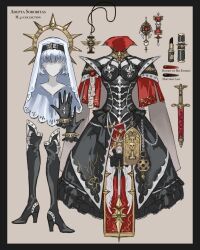 Rule 34 | adepta sororitas, armor, armored boots, armored dress, black gloves, black skirt, boots, breastplate, capelet, dress, fashion, fleur-de-lis, frown, gloves, halo, highres, imperium of man, jewelry, long skirt, mechanical halo, necklace, non-web source, pauldrons, power armor, shoulder armor, skirt, spiked halo, warhammer 40k, weapon, white dress, white hair