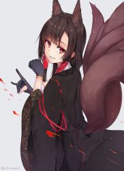 Rule 34 | 1girl, :d, akagi (azur lane), animal ears, azur lane, bad id, bad pixiv id, black hair, commentary request, eyeshadow, fox ears, fox tail, hachita (odangoya), hair tubes, highres, japanese clothes, long hair, looking at viewer, makeup, multiple tails, open mouth, red eyes, smile, solo, tail