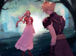 Rule 34 | 1boy, 1girl, aerith gainsborough, armor, bandaged arm, bandages, black gloves, blonde hair, bow, bracelet, braid, brown footwear, brown hair, closed mouth, cloud strife, commentary, cropped jacket, dress, english commentary, final fantasy, final fantasy vii, forest, gloves, green eyes, jewelry, leaf, long braid, long dress, long hair, looking at another, nature, necklace, pink bow, pink dress, sera (serappi), shirt, short hair, shoulder armor, sleeping forest, sleeveless, sleeveless shirt, smile, spiked hair, standing, suspenders, tree, tri drills, waving