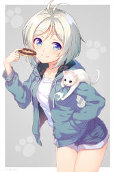 Rule 34 | .live, 1girl, animal, animal on shoulder, aqua eyes, aqua hoodie, blue eyes, blush, border, cat, closed eyes, closed mouth, collarbone, colored eyelashes, cowboy shot, doughnut, drawstring, food, grey background, hand in pocket, highres, holding, holding food, hood, hoodie, leaning forward, long sleeves, looking at viewer, open clothes, open hoodie, outside border, parted bangs, paw print, paw print background, shirt, silver hair, dennou shoujo siro, smile, solo, sora from france, standing, tareme, thighs, virtual youtuber, white border, white cat, white shirt
