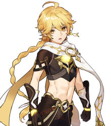 Rule 34 | 1boy, aether (genshin impact), ahoge, arm armor, black gloves, blonde hair, braid, braided ponytail, earrings, genshin impact, gloves, hair between eyes, highres, jewelry, long hair, male focus, midriff, navel, open mouth, scarf, short sleeves, single braid, single earring, solo, stomach, ujou, white scarf, yellow eyes