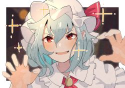 Rule 34 | 1girl, claw pose, dress, fang, hair between eyes, hands up, hat, highres, jewelry, long hair, looking at viewer, mob cap, pointy ears, red eyes, remilia scarlet, smile, solo, sparkle, suarokin, touhou