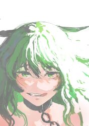 Rule 34 | 1girl, black souls, chain, collar, goddkilly, green eyes, green hair, grin, highres, leaf (black souls), licking lips, long hair, looking at viewer, medium hair, messy hair, metal collar, portrait, simple background, smile, solo, tongue, tongue out, white background