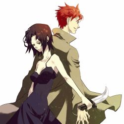 Rule 34 | 00s, 1boy, 1girl, armpits, baccano!, back-to-back, bare shoulders, black dress, black hair, breasts, chane laforet, claire stanfield, cleavage, closed eyes, coat, collarbone, dagger, dress, knife, long sleeves, red hair, reverse grip, short hair, simple background, sleeveless, sleeveless dress, weapon, white background