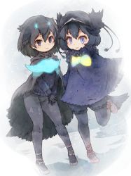Rule 34 | 10s, 2girls, bird tail, bird wings, black hair, blue eyes, blue hair, blush, bow, cape, commentary request, dark blue hair, footwear bow, fur collar, gloves, head wings, highres, kemono friends, kolshica, leggings, long sleeves, multiple girls, pantyhose, puffy shorts, shoes, short hair, shorts, smile, standing, standing on one leg, superb bird-of-paradise (kemono friends), sweater, tail, western parotia (kemono friends), wings