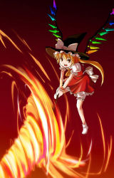 Rule 34 | 1girl, black hat, blonde hair, borrowed clothes, female focus, fire, flandre scarlet, flying, frills, gradient background, haniwa, haniwa (leaf garden), hat, headwear switch, laevatein, long hair, puffy sleeves, red background, red skirt, red theme, side ponytail, skirt, socks, solo, touhou, wings, witch hat