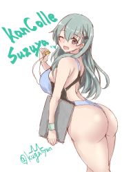 Rule 34 | 1girl, alternate costume, aqua eyes, aqua hair, ass, back, black one-piece swimsuit, blue one-piece swimsuit, breasts, character name, clipboard, competition swimsuit, copyright name, cowboy shot, green hair, hair between eyes, hair ornament, hairclip, highres, kantai collection, kuga zankurou, large breasts, long hair, looking at viewer, looking back, one-hour drawing challenge, one-piece swimsuit, one eye closed, open mouth, simple background, smile, solo, suzuya (kancolle), swimsuit, two-tone swimsuit, whistle, white background