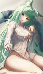 Rule 34 | 1girl, animal ear fluff, animal ears, arknights, cat day, cat ears, cat girl, cat tail, collared shirt, commentary request, green eyes, green hair, green tail, harmonie (arknights), highres, kurosabi neko, long hair, long sleeves, no pants, open clothes, open mouth, open shirt, shirt, sitting, solo, tail, wariza, wet, wet clothes, wet shirt, white shirt