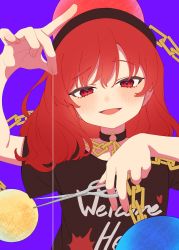 Rule 34 | 1girl, arms up, bare shoulders, black choker, blush, brown headwear, brown shirt, chain, choker, clothes writing, e sdss, earth (ornament), fingernails, gold chain, hair between eyes, hands up, heart, heart print, hecatia lapislazuli, highres, long fingernails, looking at viewer, medium hair, moon (ornament), off-shoulder shirt, off shoulder, open mouth, purple background, red eyes, red hair, scissors, shirt, short sleeves, simple background, smile, solo, standing, t-shirt, thread, tongue, touhou, underworld (ornament)
