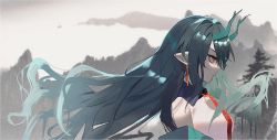 Rule 34 | 1girl, arknights, bare shoulders, black hair, blue hair, collared dress, do2, dragon horns, dress, dusk (arknights), earrings, from side, gradient hair, horns, jewelry, multicolored hair, necktie, off shoulder, outdoors, pointy ears, red eyes, red necktie, solo, upper body, white dress