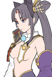 Rule 34 | 1girl, armor, asymmetrical hair, asymmetrical sleeves, black hat, blue eyes, breast curtains, breasts, detached sleeves, eyeshadow, fate/grand order, fate (series), feather hair ornament, feathers, flat color, grey hair, hair ornament, hair rings, hat, japanese armor, kusazuri, makeup, mismatched sleeves, no navel, pom pom (clothes), red eyeshadow, revealing clothes, side ponytail, simple background, sjw kazuya, small breasts, solo, ushiwakamaru (fate), white background