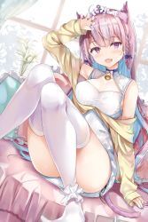 Rule 34 | 1girl, 7gao, :d, ahoge, animal ear fluff, animal ears, arm up, ass, bare shoulders, bell, blue hair, bow, braid, breasts, bridal garter, cat ears, choker, colored inner hair, curtains, dress, fang, flower, hair bow, headdress, highres, hololive, jacket, kemonomimi mode, knees up, large breasts, lily (flower), long hair, looking at viewer, minato aqua, multicolored hair, nail polish, no shoes, off shoulder, open clothes, open jacket, open mouth, pillow, purple eyes, purple hair, ribbed sweater, sitting, sleeveless, sleeveless sweater, smile, solo, streaked hair, sweater, sweater dress, thighhighs, twin braids, two-tone hair, very long hair, virtual youtuber, white flower, white sweater, white thighhighs, window, yellow jacket