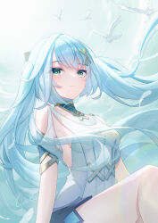 Rule 34 | 1girl, absurdres, aqua eyes, bare shoulders, bird, blue hair, breasts, commentary request, dress, faruzan (genshin impact), genshin impact, hair ornament, highres, lightria, long hair, looking at viewer, medium breasts, short sleeves, solo, thighs, twintails, very long hair, x hair ornament