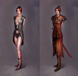 Rule 34 | 1girl, breasts, cleavage, concept art, earthrise (game), red hair, sword, tattoo, weapon