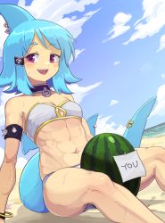 Rule 34 | + +, 1girl, :d, abs, armlet, bandeau, beach, bikini, blue hair, blue sky, blush, bracelet, breasts, collar, day, fins, fish tail, highres, jewelry, looking at viewer, medium hair, muscular, muscular female, navel, ocean, open mouth, original, outdoors, piercing, pink eyes, shark fin, shark tail, sharp teeth, sitting, sky, small breasts, smile, solo, spiked armlet, strapless, strapless bikini, suweeka, sweat, swimsuit, tail, tail ornament, tail piercing, tail ring, teeth, tube top, upper teeth only, watermelon between thighs, white bikini