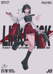 Rule 34 | 1girl, bag, black eyes, black footwear, black hair, black necktie, boots, character name, copyright name, earrings, english text, full body, highres, holding, holding bag, inplick, jewelry, leg up, lipstick, long hair, long sleeves, looking at viewer, makeup, miniskirt, necktie, parted lips, plaid, plaid skirt, qiao ling, red skirt, red theme, shiguang dailiren, shirt, shopping bag, skirt, solo, standing, white shirt