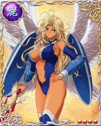 Rule 34 | 1girl, angel, angel wings, armor, bastard!!, blonde hair, blue eyes, breasts, card (medium), cleavage, cleavage cutout, clothing cutout, cowboy shot, feathers, hand on own hip, holding, holding sword, holding weapon, large breasts, legs, long hair, looking at viewer, michael (bastard!!), mobage, multiple wings, navel, serious, simple background, solo, standing, sword, thighs, weapon, wings