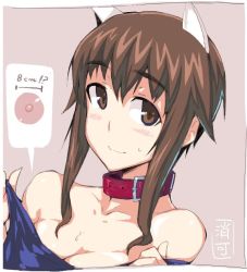 Rule 34 | 1girl, animal ears, bare shoulders, blue one-piece swimsuit, blush, breasts, brown eyes, brown hair, cat ears, cleavage, clothes pull, collar, collarbone, em (totsuzen no hakike), long hair, nipples, one-piece swimsuit, one-piece swimsuit pull, sidelocks, solo, strike witches, strike witches: kurenai no majo-tachi, sweat, swimsuit, takei junko, world witches series