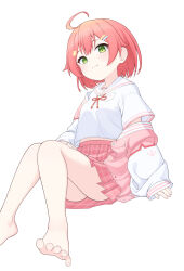 Rule 34 | 1girl, absurdres, ahoge, bare legs, barefoot, blush, closed mouth, collared shirt, commentary, eyelashes, feet, foot out of frame, green eyes, hair ornament, hairclip, hand on own thigh, highres, hololive, invisible chair, jacket, knees together feet apart, legs, looking at viewer, medium hair, miniskirt, multicolored clothes, multicolored jacket, off shoulder, official alternate costume, pink hair, pink jacket, plaid, plaid skirt, pleated skirt, sakura miko, sakura miko (school uniform), school uniform, shirt, short sleeves, sidelocks, simple background, sitting, skirt, solo, spread toes, thighs, toenails, toes, two-tone jacket, ugaaaa1, virtual youtuber, white background, white jacket, white shirt