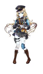 Rule 34 | 1girl, aono shimo, bandaged leg, bandages, black hat, black scrunchie, blonde hair, blue eyes, boots, brown footwear, clenched hands, cross-laced footwear, formation girls, full body, garter straps, goggles, grey skirt, hair ornament, hair scrunchie, hairclip, hat, highres, lace-up boots, long hair, looking at viewer, low twintails, lusalka kinshar, military, military uniform, official art, pale skin, pleated skirt, scrunchie, skirt, solo, transparent background, twintails, uniform