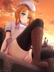 Rule 34 | 1girl, beret, black thighhighs, blue eyes, blush, boots, bow, bowtie, breasts, brown footwear, commentary request, commission, cross-laced footwear, dress, from below, hat, highres, higurashi no naku koro ni, knee boots, knee up, krisyyy, looking at viewer, looking down, medium breasts, medium hair, open mouth, orange hair, outdoors, panties, parted lips, purple bow, ryuuguu rena, skindentation, solo, sunset, thighhighs, thighs, underwear, upskirt, white dress, white hat, white panties