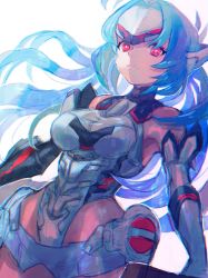 Rule 34 | 1girl, absurdres, android, blue hair, forehead protector, glowing crystal, highres, kos-mos, kos-mos re:, long hair, red eyes, simple background, solo, white background, xenoblade chronicles (series), xenoblade chronicles 2, xenosaga, yohane shimizu
