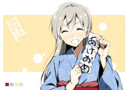 Rule 34 | 1girl, akeome, bad id, bad pixiv id, blush, eila ilmatar juutilainen, closed eyes, grin, hajime (kin&#039;you club), happy new year, japanese clothes, kimono, long hair, new year, paper, silver hair, smile, solo, strike witches, translated, world witches series