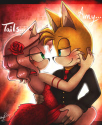 Rule 34 | 1boy, 1girl, amy rose, bare shoulders, blue eyes, blush, colored skin, dancing, dress, english text, eye contact, flower, formal, green eyes, hair ornament, hairband, half-closed eyes, hetero, hug, jewelry, looking at another, necktie, pink hair, pink skin, rose, sayamiyazaki, sega, short hair, signature, smile, sonic (series), suit, tails (sonic), text focus