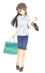 Rule 34 | 1girl, bag, blouse, blush, brown eyes, brown hair, capri pants, full body, highres, holding, loafers, long hair, looking at viewer, original, pants, shirt, shoes, shopping bag, shorts, simple background, smile, solo, standing, toshiya, white background