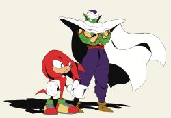 Rule 34 | 2boys, :/, absurdres, biceps, black eyes, cape, chimeraenvy, clenched hands, colored skin, crossed arms, crossover, dragon ball, full body, gloves, green skin, highres, knuckles the echidna, looking to the side, multiple boys, muscular, no humans, piccolo, pointy ears, serious, simple background, sonic (series), tail, turban, white cape, white gloves