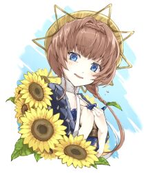Rule 34 | 1girl, blue eyes, blue overalls, blush, braid, breasts, crown braid, fate/grand order, fate (series), flower, hat, kino kokko, long hair, looking at viewer, open mouth, orange hair, overalls, puffy sleeves, side braid, small breasts, smile, solo, straw hat, sunflower, van gogh (fate), yellow hat