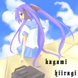Rule 34 | 00s, 1girl, blue eyes, blue skirt, briefcase, buckle, character name, from behind, hiiragi kagami, kanikama, long hair, looking at viewer, looking back, lucky star, pink hair, pleated skirt, puffy short sleeves, puffy sleeves, sailor collar, school briefcase, school uniform, serafuku, shirt, short sleeves, simple background, skirt, solo, twintails, very long hair, white shirt