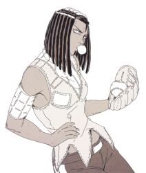 Rule 34 | 1girl, armband, armpit peek, ball, baseball, baseball glove, breasts, blowing bubbles, commentary, dark-skinned female, dark skin, dreadlocks, ermes costello, greyscale, hand on own hip, hanpetos, holding, holding ball, jojo no kimyou na bouken, monochrome, multicolored hair, small breasts, solo, stone ocean, symbol-only commentary, two-tone hair, upper body