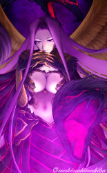Rule 34 | 1girl, absurdres, breasts, bustier, claws, cleavage, commentary request, fate/grand order, fate (series), feathered wings, forehead, gendou pose, gorgon (fate), hands clasped, highres, interlocked fingers, large breasts, long hair, makimakimakiba, medusa (fate), monster girl, navel, own hands clasped, own hands together, purple eyes, purple hair, rider, scales, smile, snake, snake hair, solo, twitter username, wings