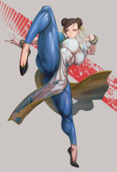 Rule 34 | 1girl, bracelet, breasts, brown eyes, brown hair, capcom, china dress, chinese clothes, chun-li, double bun, dress, earrings, fighting stance, fujii eishun, hair bun, hair pulled back, highres, jewelry, large breasts, muscular, muscular female, pelvic curtain, puffy short sleeves, puffy sleeves, short hair, short sleeves, solo, street fighter, street fighter 6, thick thighs, thighs