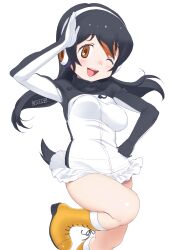 Rule 34 | 1girl, ;d, absurdres, bare legs, black hair, blush, boots, breasts, commentary, drawstring, gentoo penguin (kemono friends), hair between eyes, hair over one eye, hand on own hip, headphones, highres, hood, jacket, kemono friends, long hair, long sleeves, looking at viewer, masuyama ryou, medium breasts, multicolored hair, one eye closed, open mouth, orange eyes, orange footwear, orange hair, penguin tail, simple background, skirt, smile, solo, tail, two-tone hair, waving, white background