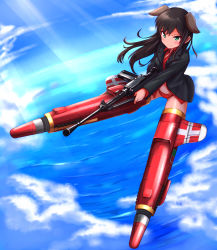 Rule 34 | 1girl, a9b (louis814), animal ears, brown hair, dog ears, federica n. doglio, flying, green eyes, gun, highres, long hair, navel, no pants, panties, red panties, smile, solo, strike witches, striker unit, underwear, weapon, world witches series