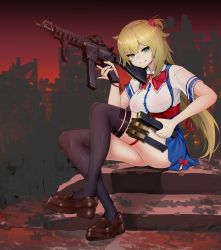 Rule 34 | 1girl, absurdres, akai haato, akai haato (1st costume), ammunition, bad id, bad pixiv id, black thighhighs, blonde hair, blue eyes, blue skirt, bra visible through clothes, breasts, brown footwear, colt 9mm smg, gun, hair ornament, heart, heart hair ornament, highres, hololive, holster, long hair, looking at viewer, lunch boxer, machine gun, magazine (weapon), medium breasts, military, miniskirt, neck ribbon, outdoors, red ribbon, ribbon, shirt, shoes, short sidetail, short sleeves, sitting, skirt, solo, thigh holster, thighhighs, thighs, virtual youtuber, weapon, white shirt