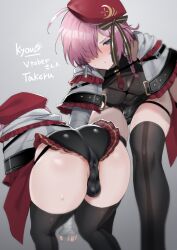 Rule 34 | 1boy, anus, artist name, ass, ass focus, belt buckle, braid, buckle, bulge, capelet, character name, commentary, covered anus, echigoya takeru, erection, erection under clothes, highres, huge ass, indie virtual youtuber, kurameki kyou, latex, leotard, male focus, multiple views, non-web source, original, second-party source, single braid, spread ass, sweat, thick thighs, thighs, trap, virtual youtuber