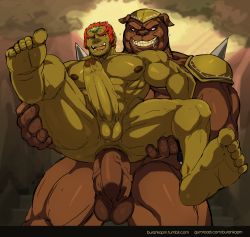 Rule 34 | abs, anal, armor, ass, bara, barefoot, buranko!, drooling, erection, fangs, feet, foreskin, ganondorf, grin, highres, interspecies, male focus, male penetrated, moblin, muscular, naughty face, nintendo, nude, pectorals, penis, red hair, restrained, saliva, sex, smile, testicles, the legend of zelda, the legend of zelda: ocarina of time, toes, yaoi