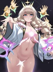 Rule 34 | 1girl, blonde hair, blue eyes, blush, bottomless, breasts, convenient censoring, crown (naked king) (nikke), crown (nikke), diadem, disembodied hand, drill hair, goddess of victory: nikke, hair ornament, headgear, large breasts, long hair, looking at viewer, midriff, navel, open clothes, open shirt, s redbutterfly, shirt, solo, stomach, white shirt