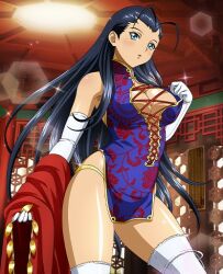 Rule 34 | 1girl, antenna hair, bare shoulders, black hair, blue eyes, breasts, cleavage, elbow gloves, gloves, ikkitousen, japanese clothes, large breasts, long hair, solo, standing, tagme, white elbowgloves